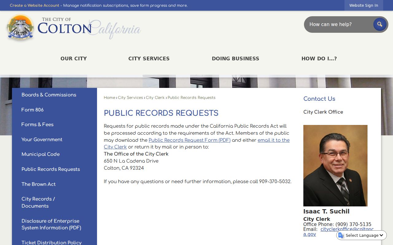 Colton people search public records request page